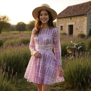 ModCloth Lace Skater Dress–Pink & Beige Floral w/ Sheer Long Sleeves & Open Back